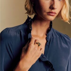 Sezane Chlo Silk Elegant Navy Blouse with Ruffle Detail